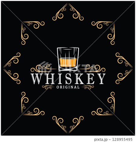 Vintage premium whiskey logo label with glass or beer. for drinks, bars, clubs, cafes, companies. 128955495