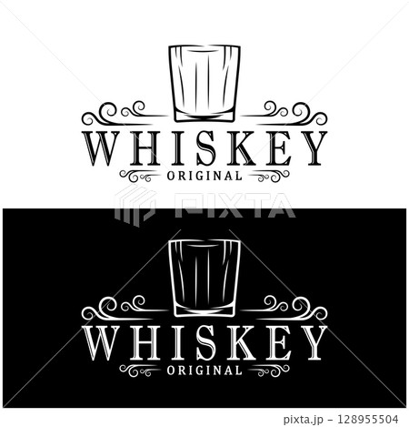 Vintage premium whiskey logo label with glass or beer. for drinks, bars, clubs, cafes, companies. 128955504