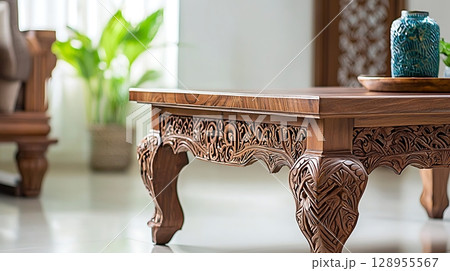 A wooden coffee table with a plant on top of it 128955567