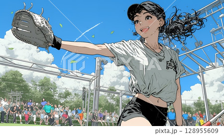 野球をしている若い女性