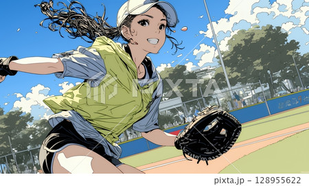 野球をしている若い女性