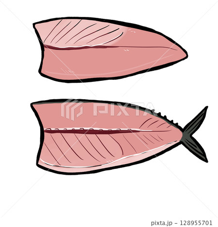 魚の二枚おろしのイラスト（赤身魚／マグロ・サバ対応） 128955701