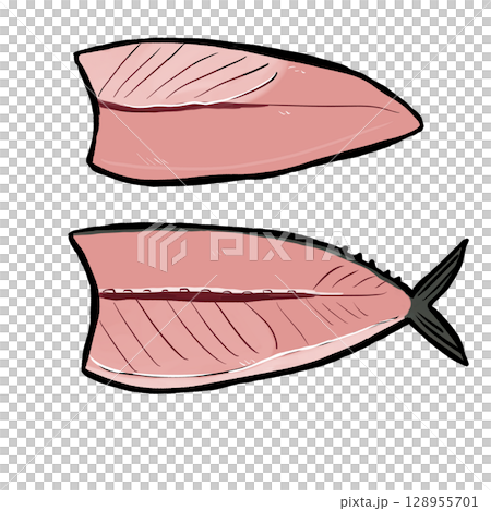 魚の二枚おろしのイラスト（赤身魚／マグロ・サバ対応） 128955701