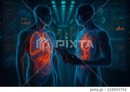 AI generated ultra realistic image showing two glowing male figures in a futuristic medical data center with visible internal organs and advanced diagnostic interfaces 128955742