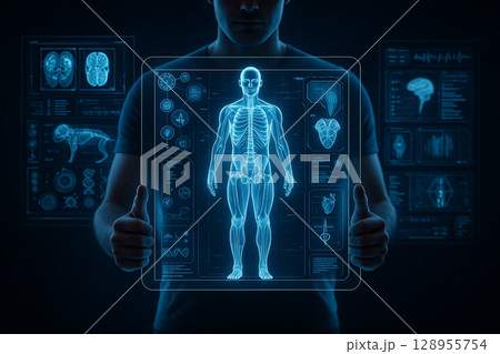 AI generated digital visualization of a man holding a glowing transparent screen showing a full-body anatomical scan with surrounding medical data panels on a dark sci-fi background AI generated digital visualization of a man holding a glowing transparent screen showing a full-body anatomical scan with surrounding medical data panels on a dark sci-fi background 128955754