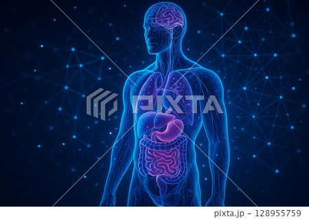 AI generated ultra realistic glowing human figure with visible internal organs and digital particles representing biological data in a sci fi abstract background 128955759