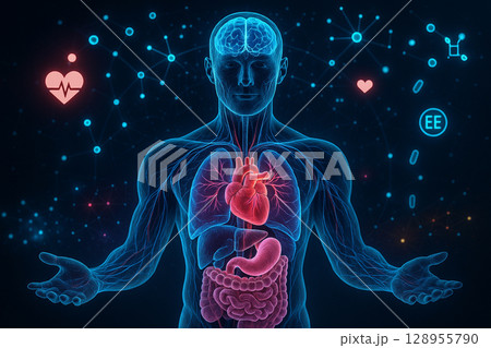AI generated futuristic anatomy showing brain heart nerves and digestive organs with data icons in glowing digital style 128955790