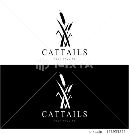 cattails or river reed grass plant logo design, aquatic plants, swamp, wild grass vector 128955823