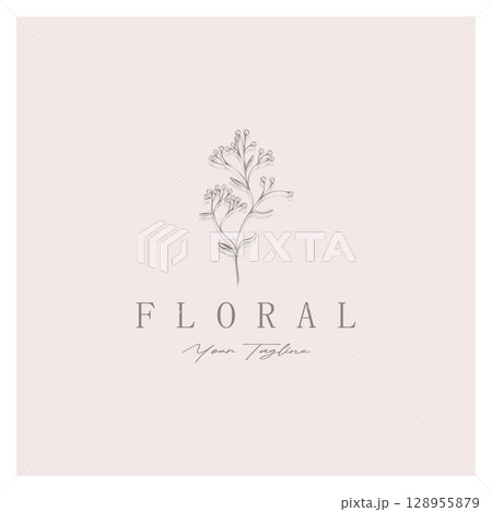 Elegant floral and leaf frame. Delicate botanical vector illustration for labels, spas, corporate identity, and wedding invitations 128955879