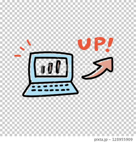 A hand-drawn illustration of a computer and arrows showing growth and improved results | A pop illustration that can be used for data improvement and business progress 128955909