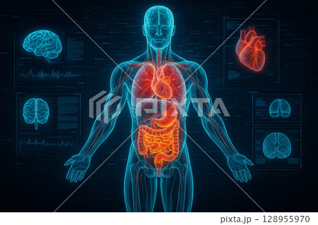 AI generated ultra detailed image of male body showing internal organs in glowing colors with futuristic medical HUD interface on dark digital background 128955970