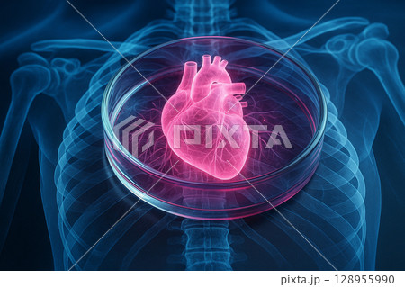 AI generated futuristic biomedical image showing a glowing pink holographic heart placed in a petri dish over a transparent xray of the human chest symbolizing science research and synthetic life 128955990