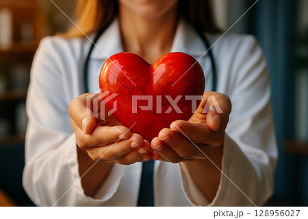 AI generated ultra realistic image of a doctor holding a red symbolic heart with gentle hands in a clinical environment suggesting compassion hope and healing in modern healthcare AI generated ultra realistic image of a doctor holding a red symbolic heart with gentle hands in a clinical environment suggesting compassion hope and healing in modern healthcare 128956027