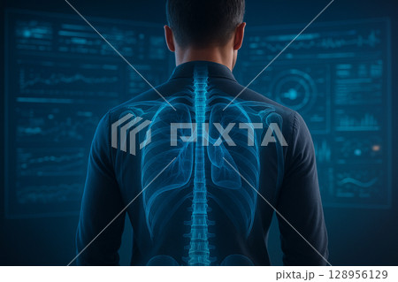 AI generated ultra realistic scan view showing glowing spine and transparent lungs on a male back under advanced medical interface and futuristic blue HUD lighting 128956129