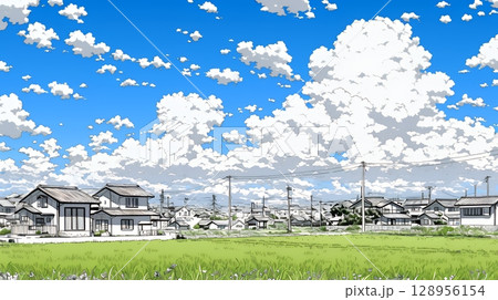 郊外の田園風景と夏空と入道雲