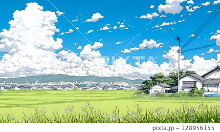 郊外の田園風景と夏空と入道雲