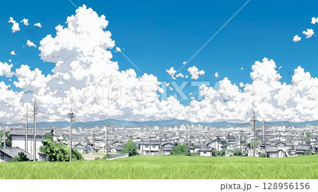 郊外の田園風景と夏空と入道雲