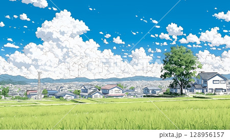 郊外の田園風景と夏空と入道雲
