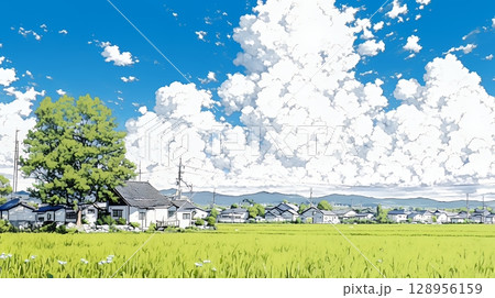 郊外の田園風景と夏空と入道雲