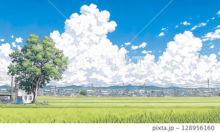 郊外の田園風景と夏空と入道雲