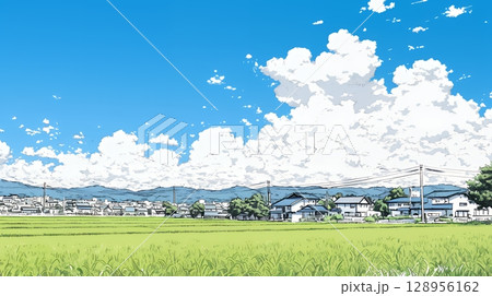 郊外の田園風景と夏空と入道雲