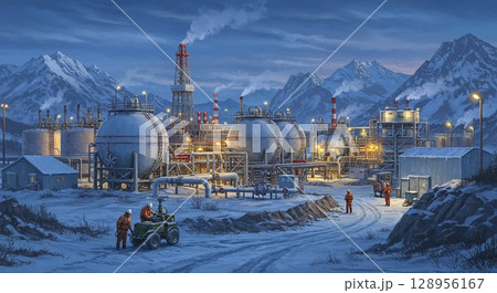 アラスカの冬とLNG産業インフラ風景　生成Ai画像 128956167
