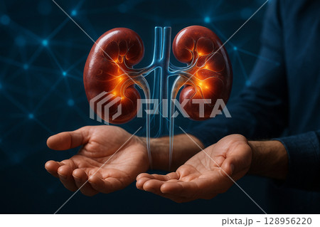 AI generated ultra realistic kidneys floating above open hands glowing with orange light symbolizing medical care science and futuristic health technology in a blue digital background 128956220