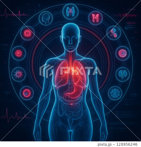 AI generated futuristic anatomy scan with organs highlighted in neon light showing holistic health analysis in advanced digital visualization 128956246