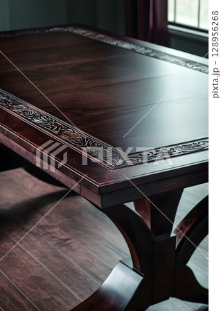 Wooden table with a carved design on the top 128956268