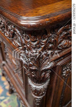 Wooden table with a carved design on the top Wooden table with a carved design on the top 128956270