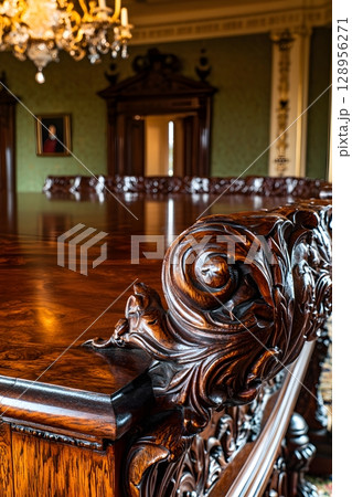 Large wooden table with a floral design on the edge Large wooden table with a floral design on the edge 128956271