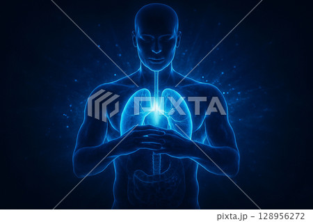 AI generated ultra realistic digital art of a translucent human figure gently holding luminous blue lungs with light rays radiating in a sci fi medical theme AI generated ultra realistic digital art of a translucent human figure gently holding luminous blue lungs with light rays radiating in a sci fi medical theme 128956272