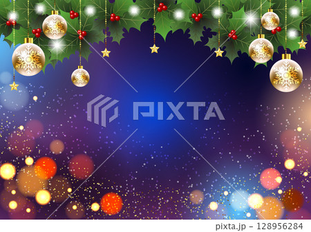クリスマス背景、横、柊、イルミネーション、かわいい、イラスト 128956284
