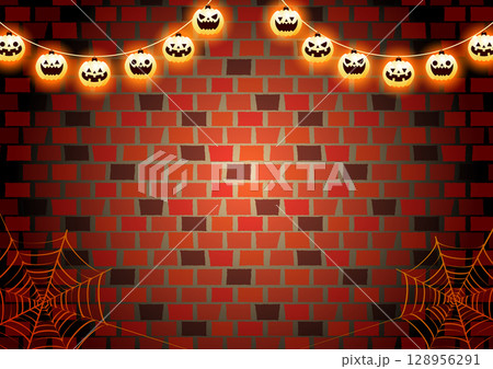 ハロウィン背景、煉瓦、ちょうちん、横、イラスト、かわいい ハロウィン背景、煉瓦、ちょうちん、横、イラスト、かわいい 128956291