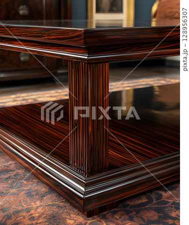 Dark wooden coffee table with a brown base and a black top 128956307