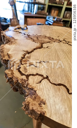 Wooden table with a crack in it 128956386