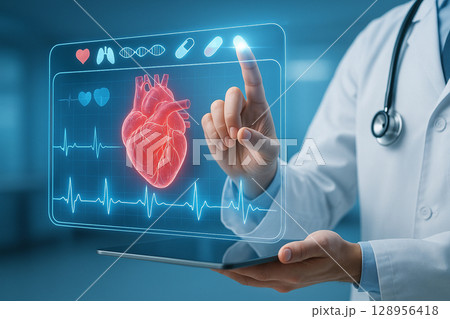 AI generated ultra realistic medical scene showing a digital heart scan with pulse graph in a sci fi interface representing advanced health monitoring 128956418