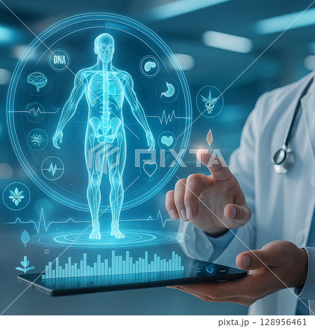AI generated futuristic doctor interacting with glowing 3D human body hologram surrounded by digital biological data in advanced medical diagnostic interface 128956461