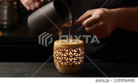 A man is pouring a liquid into a small cup 128956498