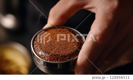 A person is holding a coffee grinder with a brown powder inside 128956511