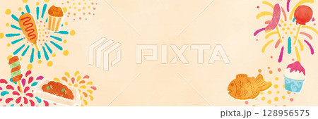 夏祭りの食べ物と花火のイラスト 128956575
