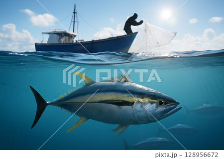 AI generated underwater scene showing yellowfin tuna in aquaculture with a fisherman casting a net from a boat. Bright sunny day and clear water create a peaceful and natural atmosphere. 128956672