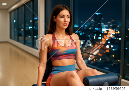 AI generated high-resolution image of a woman in vibrant workout clothes performing leg extension exercise in a modern gym with a cityscape backdrop at night. The image conveys strength, focus AI generated high-resolution image of a woman in vibrant workout clothes performing leg extension exercise in a modern gym with a cityscape backdrop at night. The image conveys strength, focus 128956695