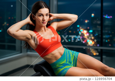 AI generated a fit woman exercising in a modern gym at night, performing an oblique crunch with a blurred cityscape in the background. A bright, clean atmosphere captures strength and focus. AI generated a fit woman exercising in a modern gym at night, performing an oblique crunch with a blurred cityscape in the background. A bright, clean atmosphere captures strength and focus. 128956704