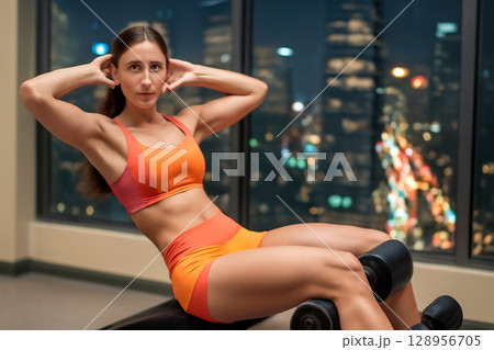 AI generated a stunning fitness scene of a young woman working out in a modern gym with a view of a vibrant city at night. The image captures determination, strength, and focus in a sleek, clean AI generated a stunning fitness scene of a young woman working out in a modern gym with a view of a vibrant city at night. The image captures determination, strength, and focus in a sleek, clean 128956705