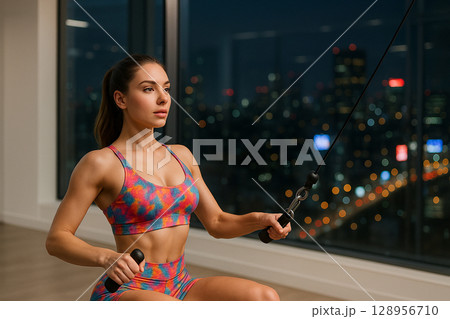 AI generated fitness woman training upper back at night in modern gym with city lights background clean bright space calm focus mood AI generated fitness woman training upper back at night in modern gym with city lights background clean bright space calm focus mood 128956710