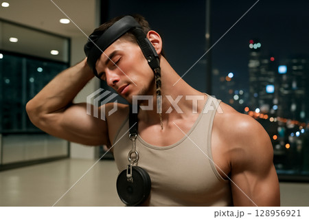AI generated photo of a muscular man performing neck workout in a sleek gym with city lights at night. Focus on fitness, strength, and modern design. Clean and minimalistic gym atmosphere. AI generated photo of a muscular man performing neck workout in a sleek gym with city lights at night. Focus on fitness, strength, and modern design. Clean and minimalistic gym atmosphere. 128956921