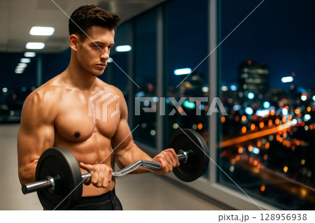 AI generated image of a muscular man in a clean, modern gym performing a bicep curl. The city lights shine through large windows, creating a contrast of warm and cool tones, highlighting his focused 128956938
