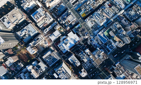 現代都市のドローン真俯瞰空撮 128956971