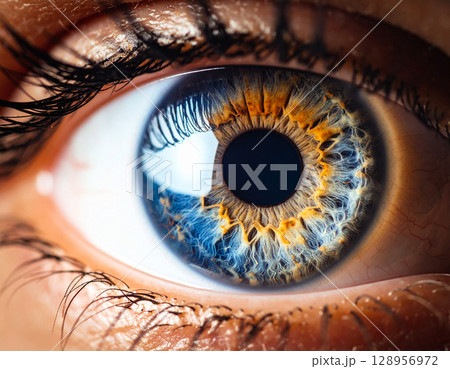 AI generated super macro close-up of a human eye focusing on the retina where a miniature planet floats suspended in the iris with intricate details AI generated super macro close-up of a human eye focusing on the retina where a miniature planet floats suspended in the iris with intricate details 128956972